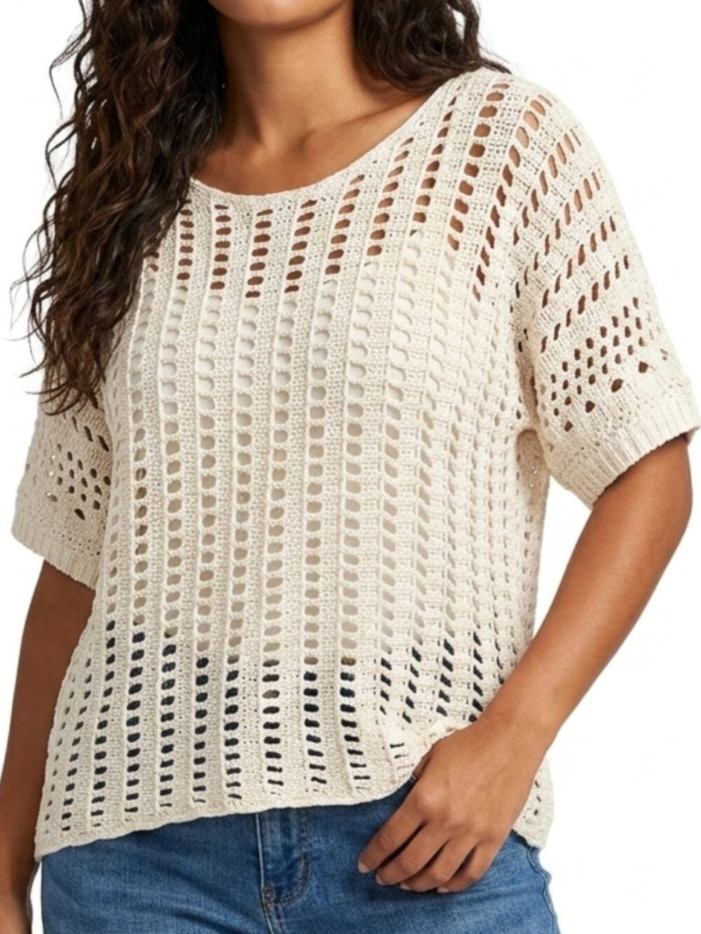 American Eagle Crochet Knit Top Cream Short Sleeve Slouchy Boho Cottage Beach S